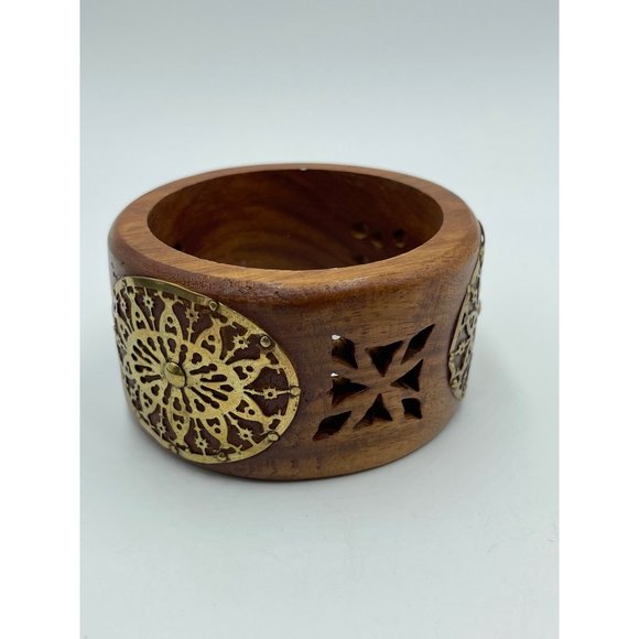 70's  Vintage Wooden Brass Bangle - Picture 4 of 6